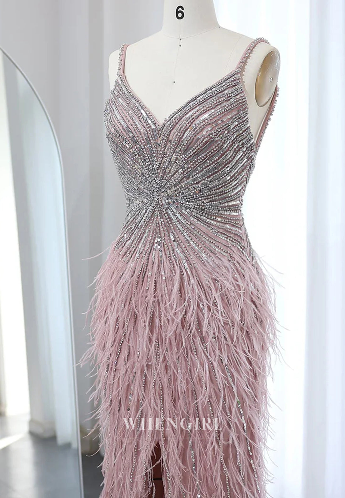 Sheath Feather Beaded V Neck Sleeveless Slit Evening Formal Dress