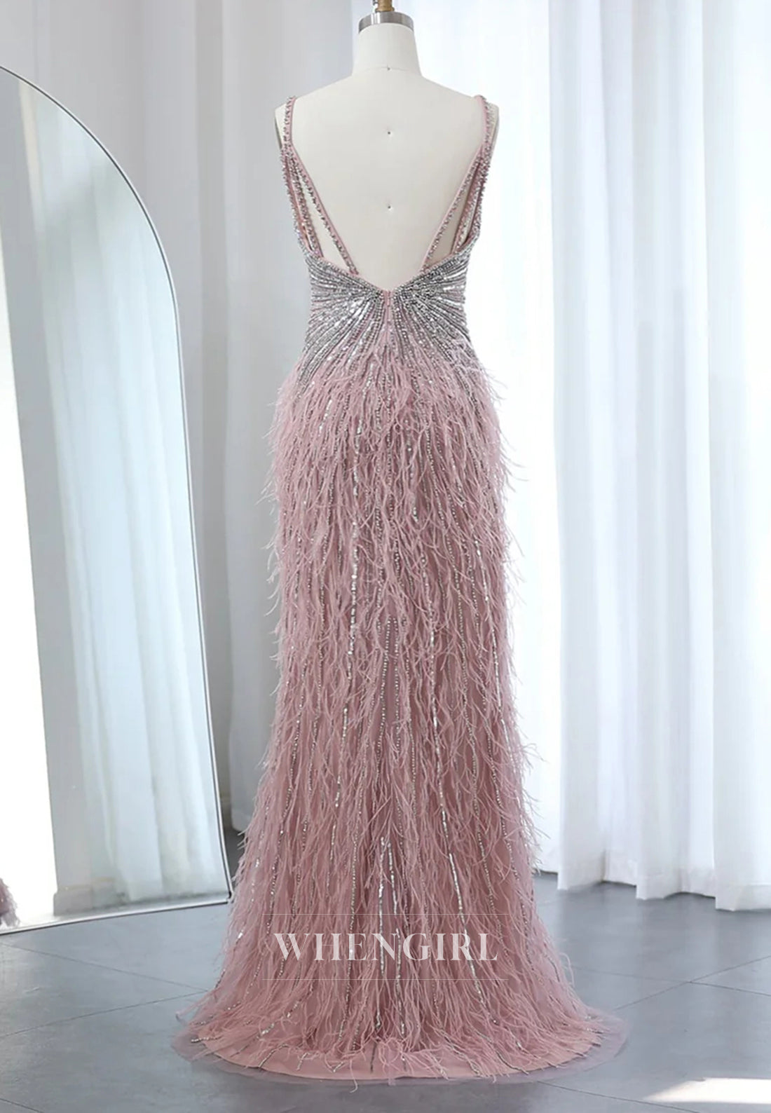 Sheath Feather Beaded V Neck Sleeveless Slit Evening Formal Dress