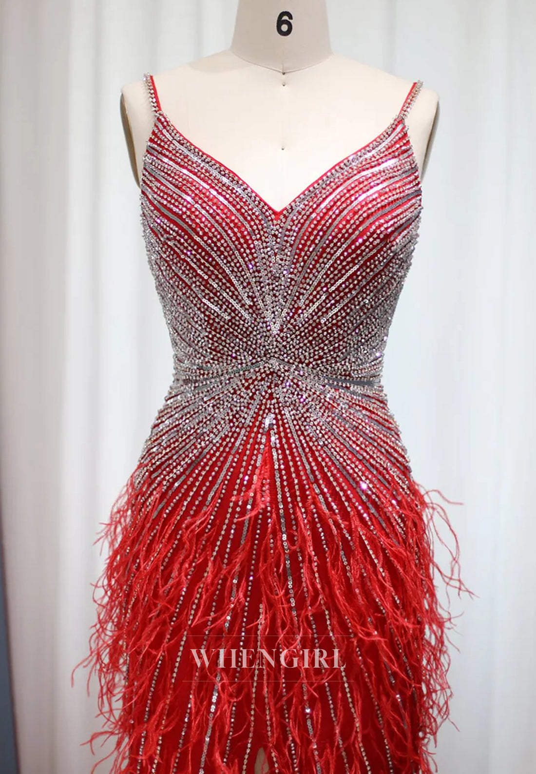 Sheath Feather Beaded V Neck Sleeveless Slit Evening Formal Dress
