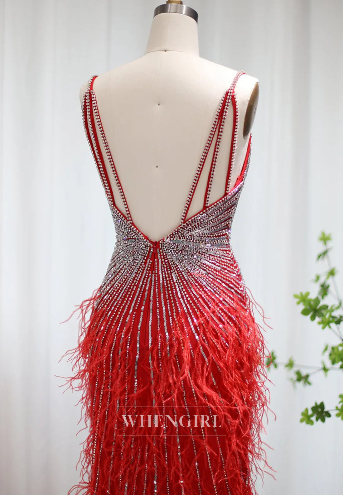 Sheath Feather Beaded V Neck Sleeveless Slit Evening Formal Dress