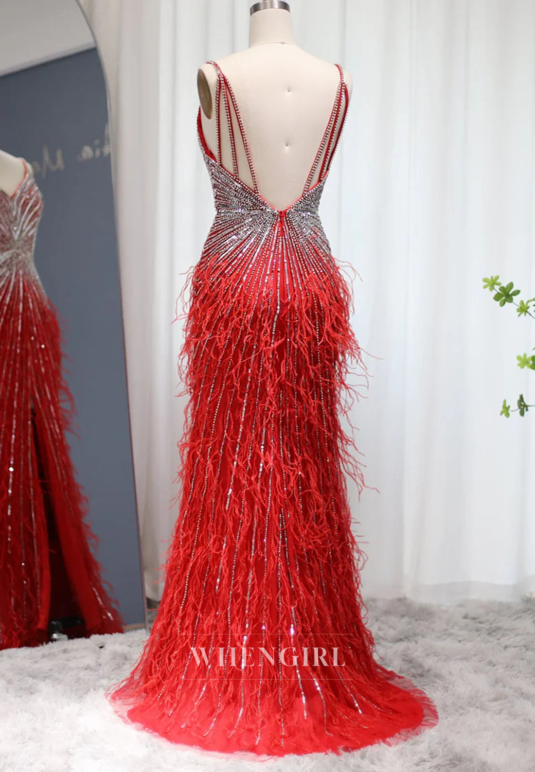 Sheath Feather Beaded V Neck Sleeveless Slit Evening Formal Dress