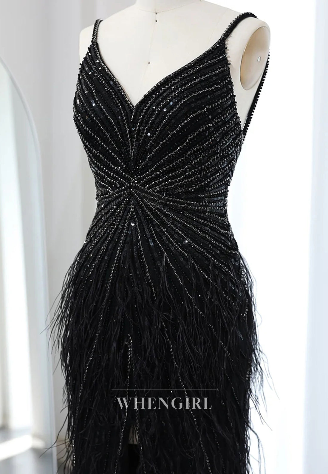 Sheath Feather Beaded V Neck Sleeveless Slit Evening Formal Dress
