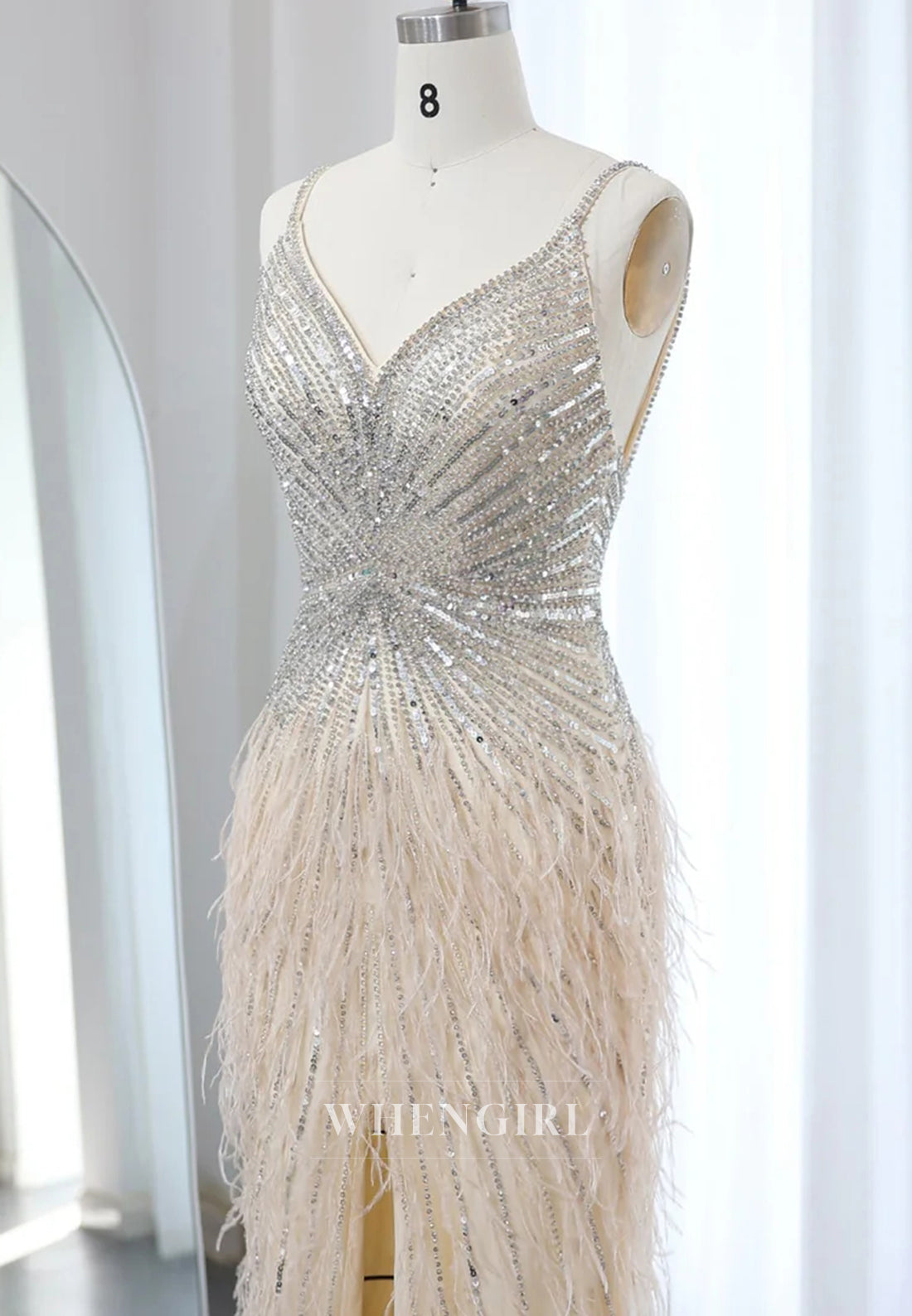 Sheath Feather Beaded V Neck Sleeveless Slit Evening Formal Dress