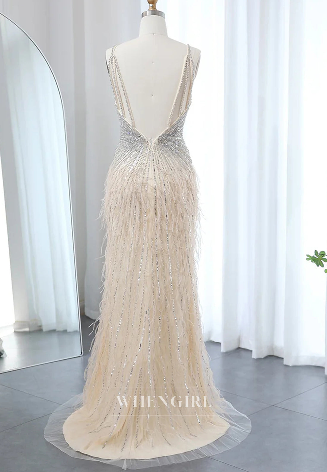 Sheath Feather Beaded V Neck Sleeveless Slit Evening Formal Dress
