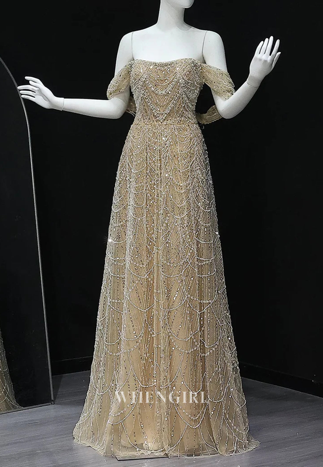 A-Line Sparkly Off Shoulder Beaded Evening Formal Dress
