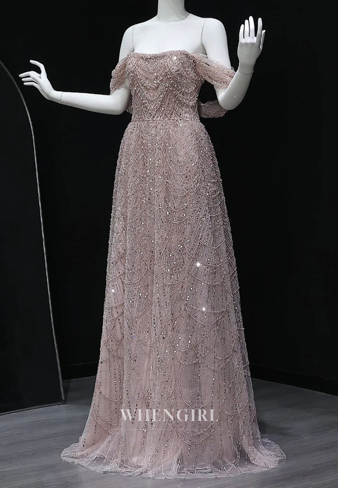 A-Line Sparkly Off Shoulder Beaded Evening Formal Dress