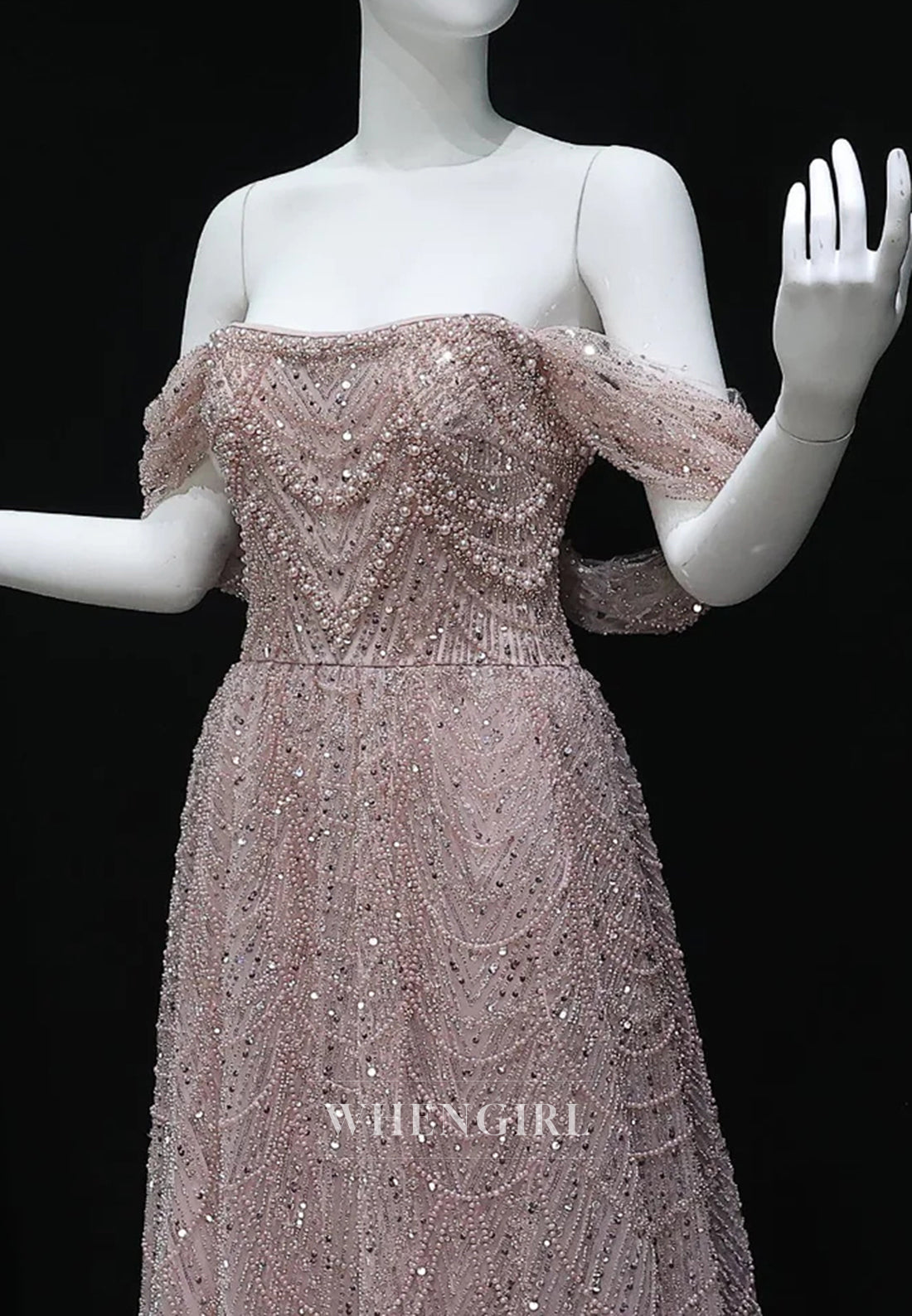 A-Line Sparkly Off Shoulder Beaded Evening Formal Dress
