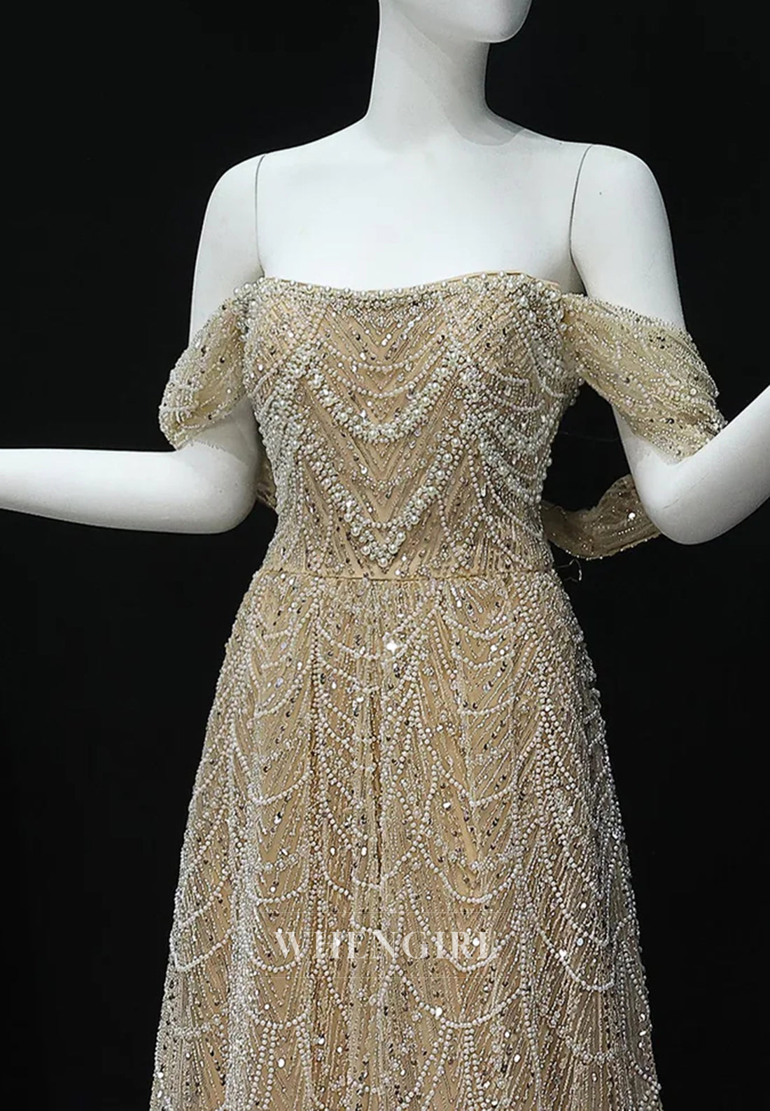 A-Line Sparkly Off Shoulder Beaded Evening Formal Dress