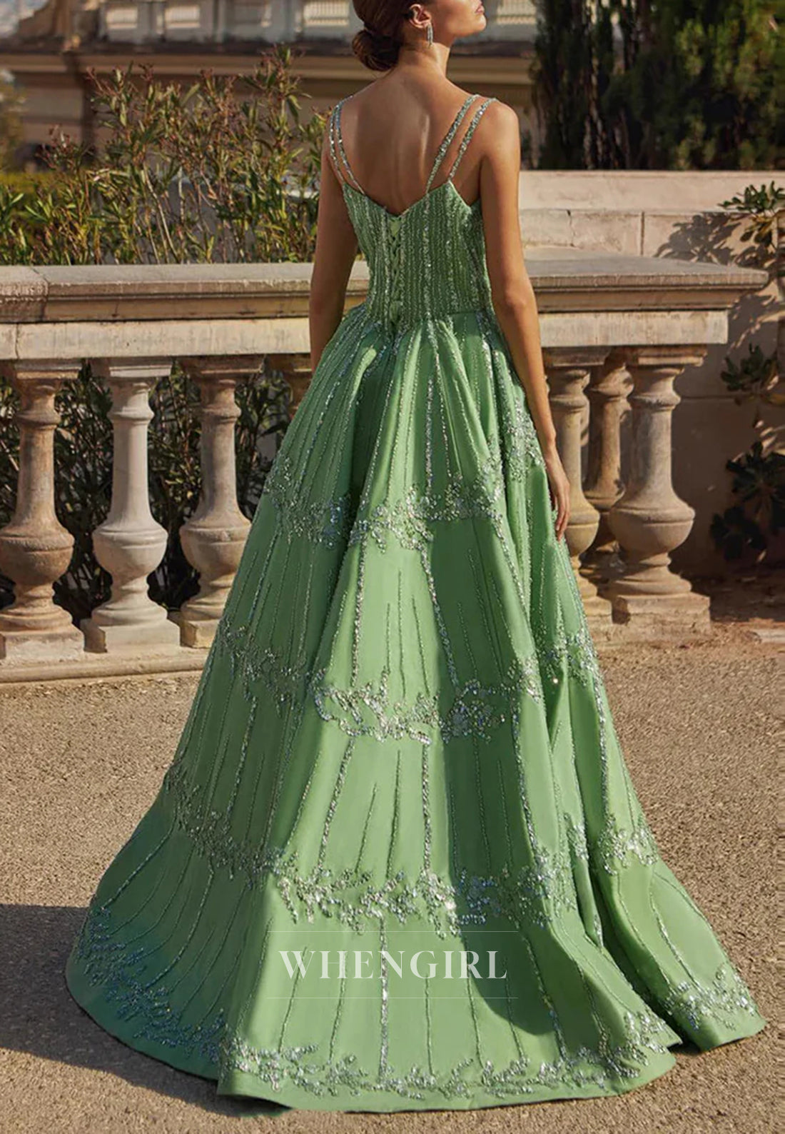Green V Neck Sleeveless Beaded Lace Up A-Line Evening Formal Dress