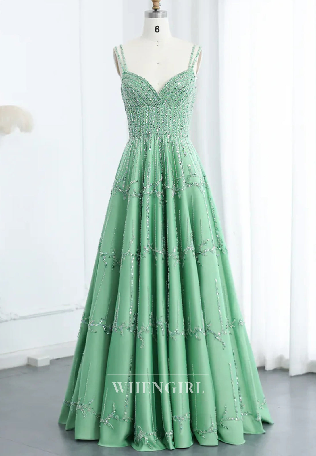 Green V Neck Sleeveless Beaded Lace Up A-Line Evening Formal Dress
