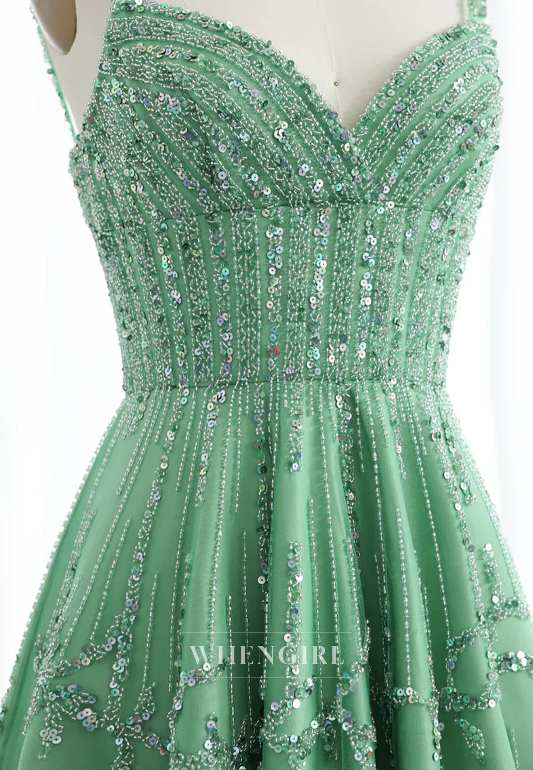 Green V Neck Sleeveless Beaded Lace Up A-Line Evening Formal Dress