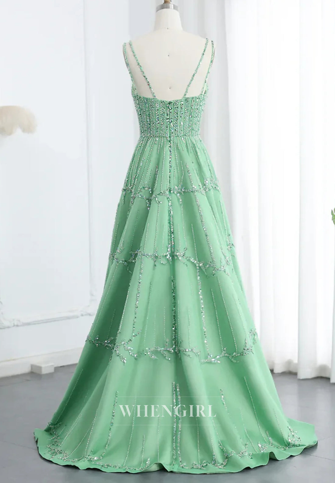 Green V Neck Sleeveless Beaded Lace Up A-Line Evening Formal Dress