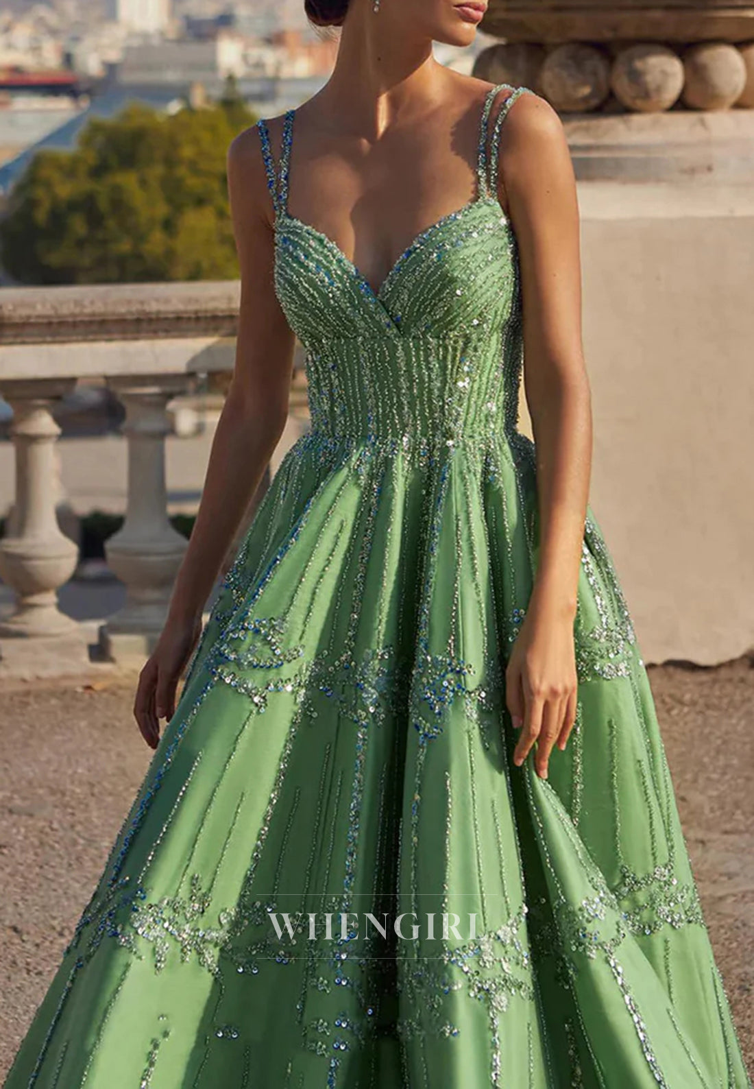 Green V Neck Sleeveless Beaded Lace Up A-Line Evening Formal Dress