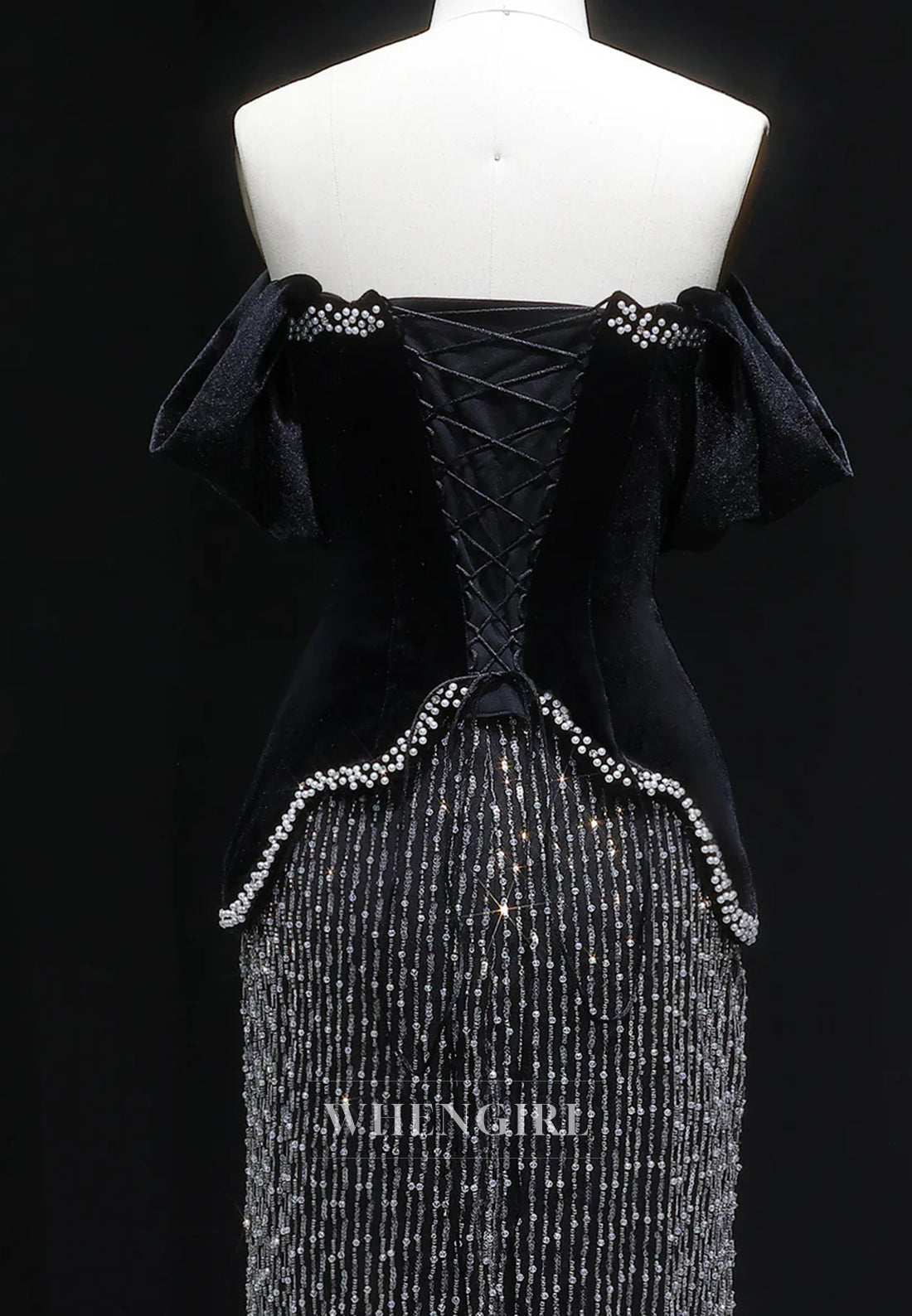 Black Beaded Off Shoulder Sheath Floor Length Evening Formal Dress