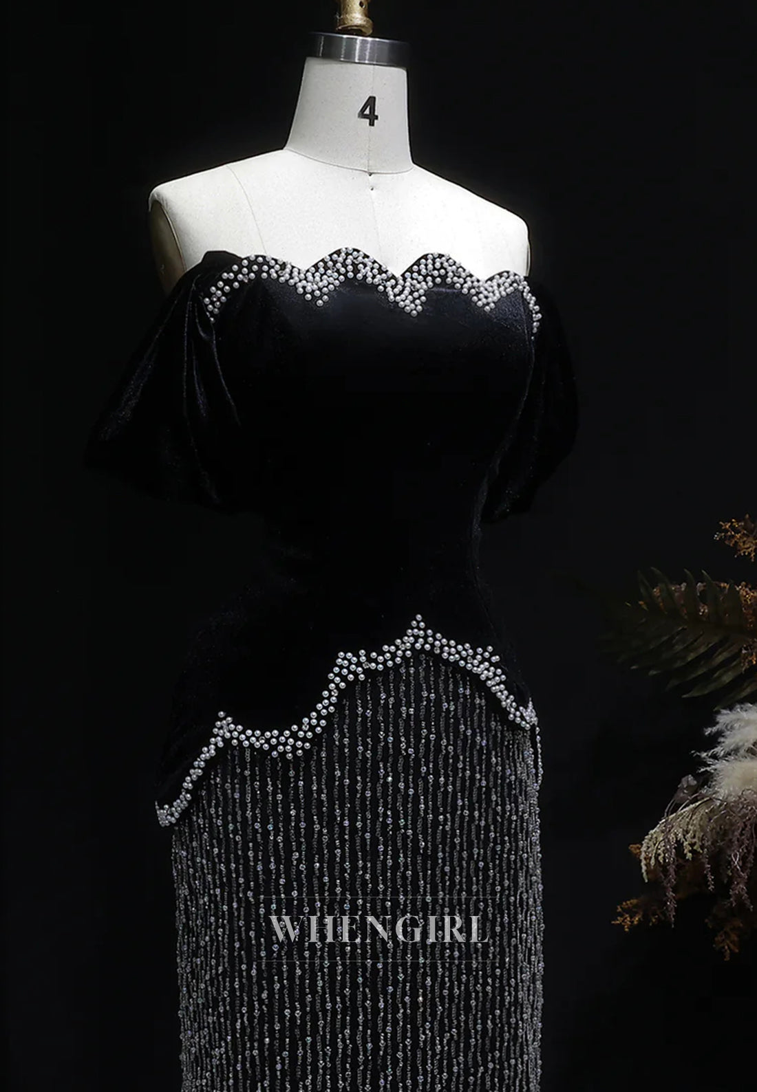 Black Beaded Off Shoulder Sheath Floor Length Evening Formal Dress