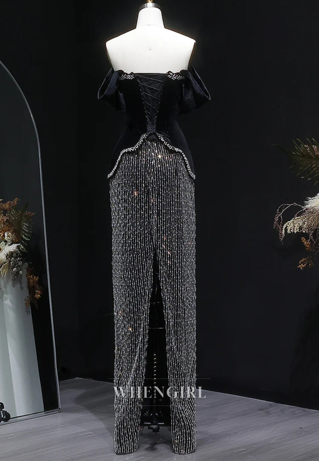 Black Beaded Off Shoulder Sheath Floor Length Evening Formal Dress