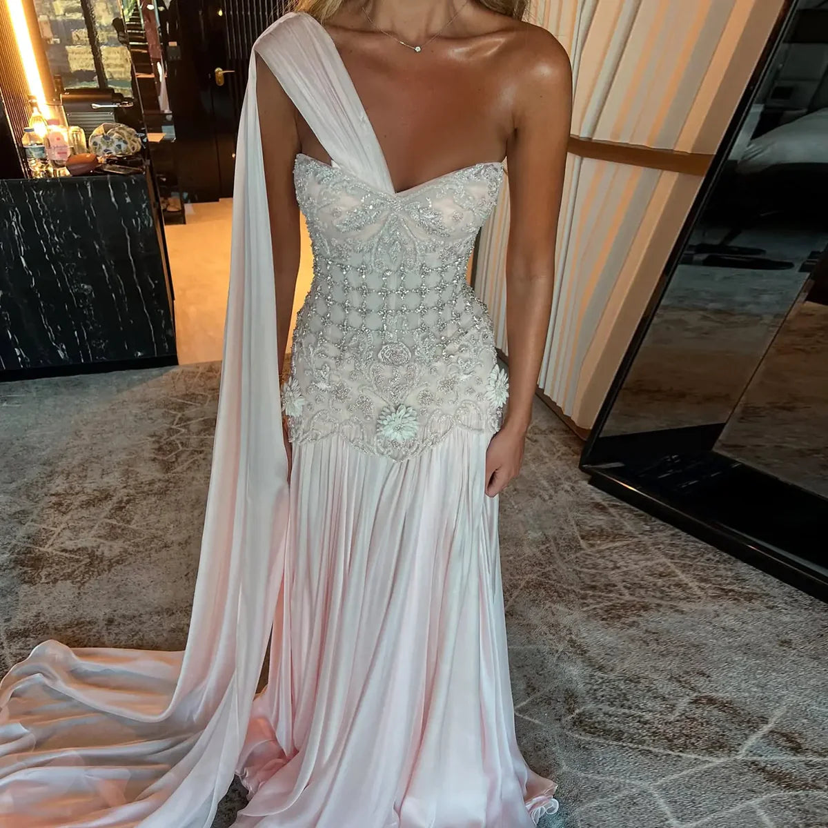 Elegant Blush Pink Beaded Evening Dress with Cape
