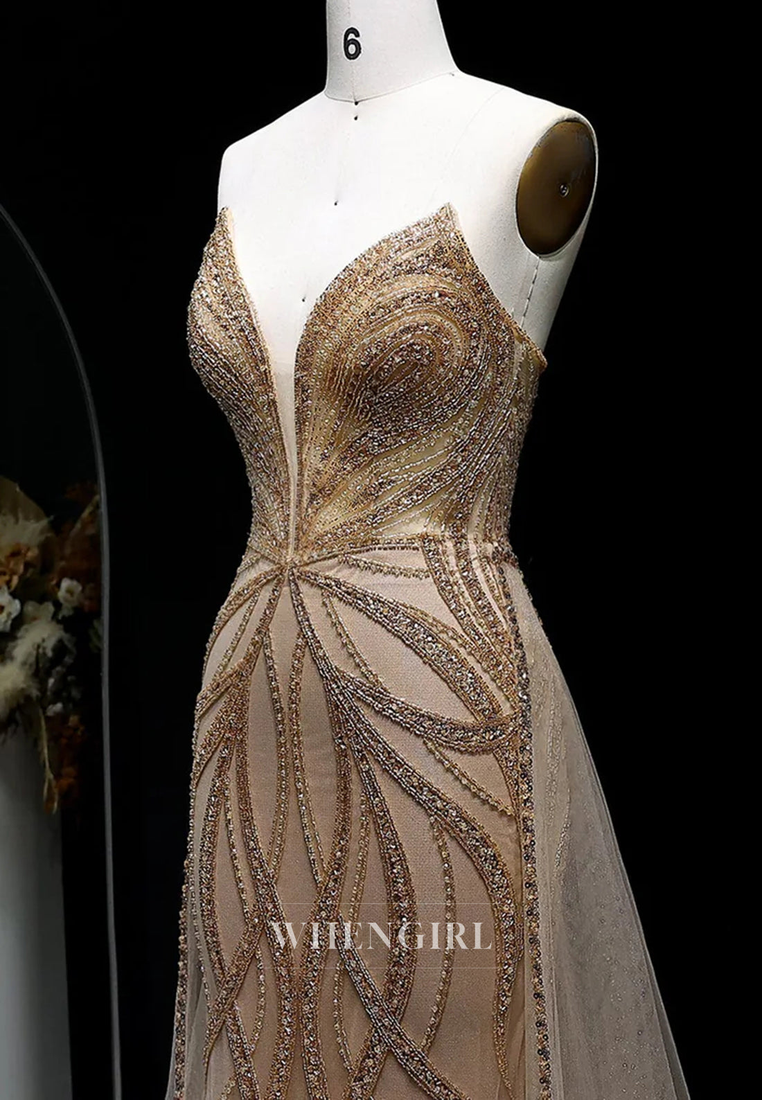 Champgne V Neck Sleeveless Beaded Sheath Formal Dress with Sweep Train