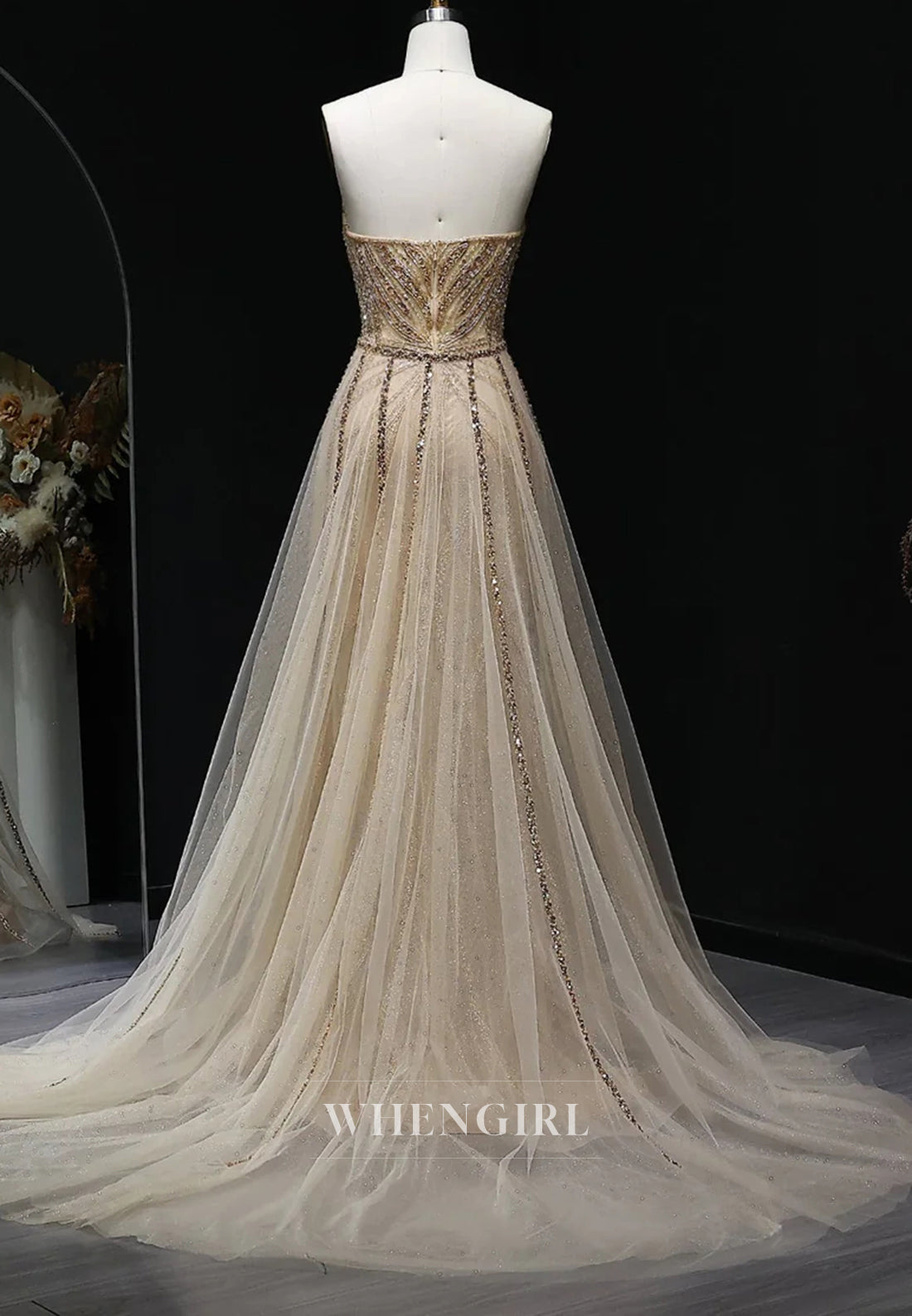 Champgne V Neck Sleeveless Beaded Sheath Formal Dress with Sweep Train