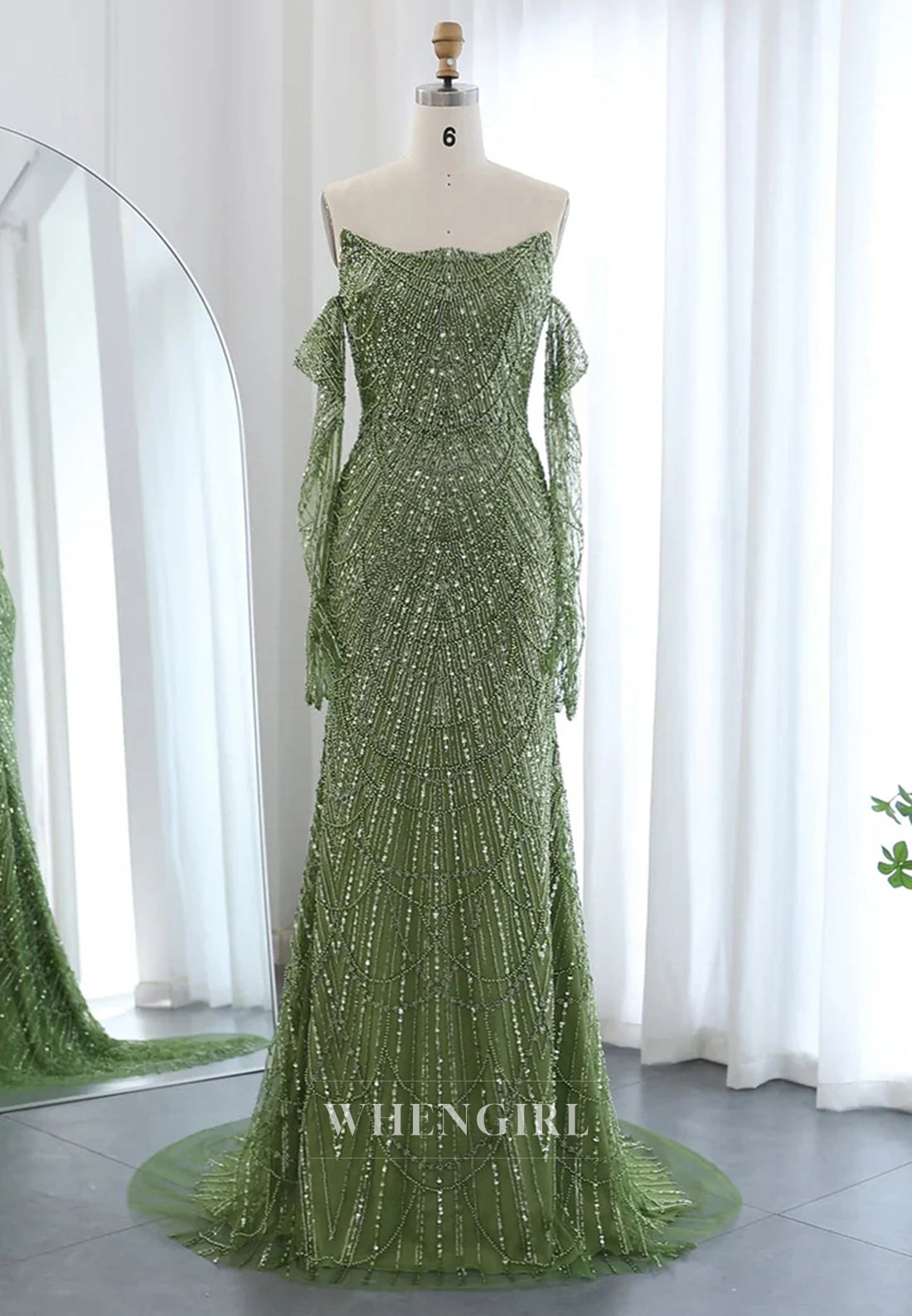 Sheath Beaded Off Shoulder Long Sleeves Sweep Train Back Zipper Evening Formal Dress