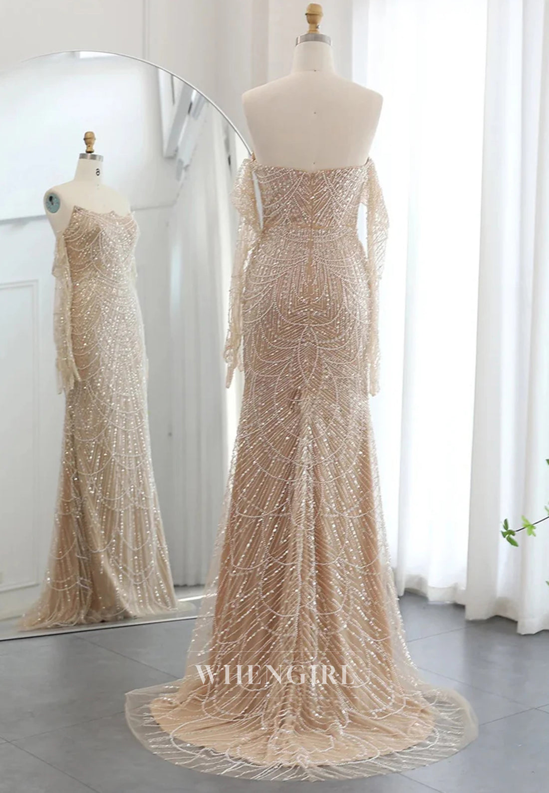 Sheath Beaded Off Shoulder Long Sleeves Sweep Train Back Zipper Evening Formal Dress