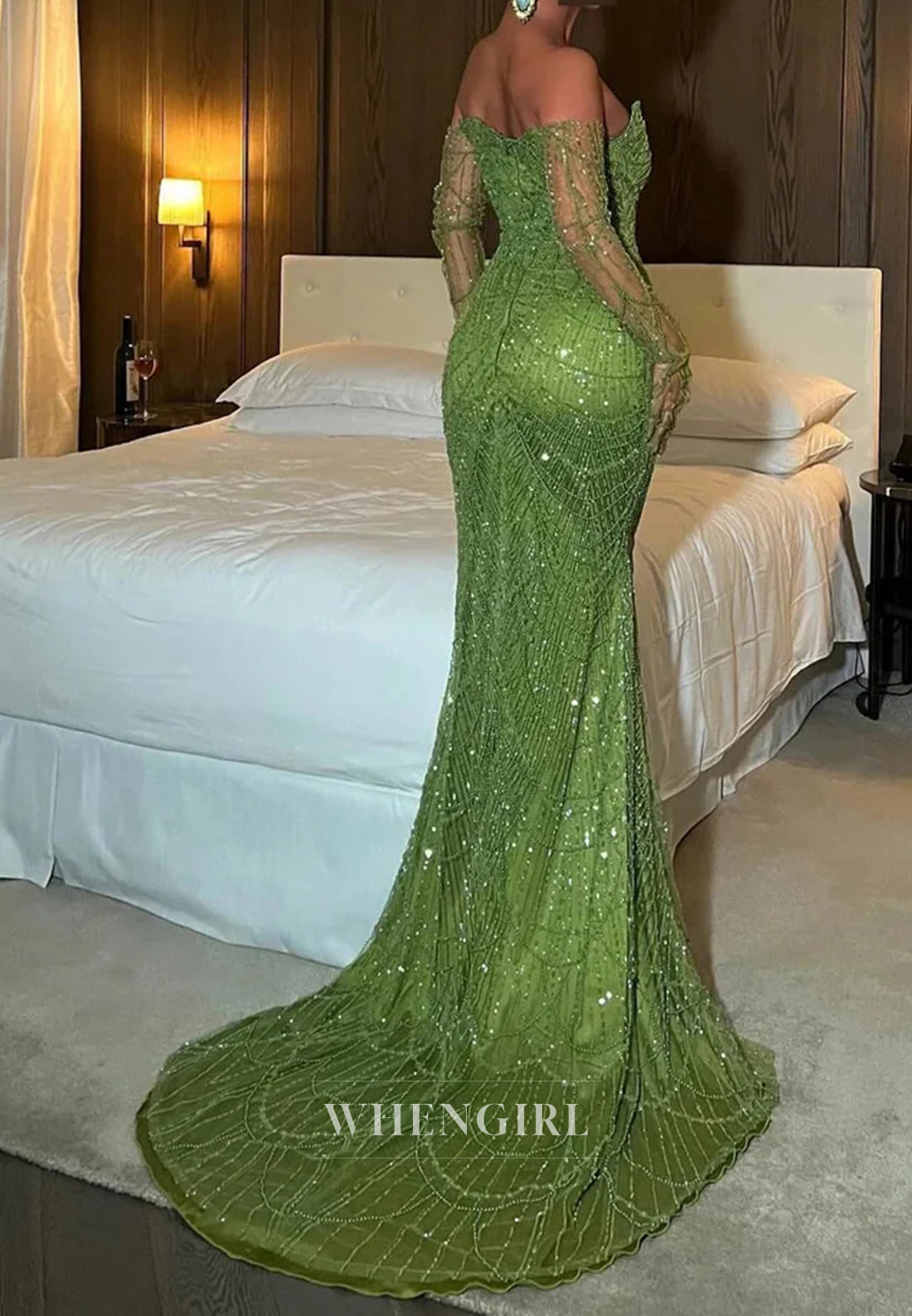 Sheath Beaded Off Shoulder Long Sleeves Sweep Train Back Zipper Evening Formal Dress