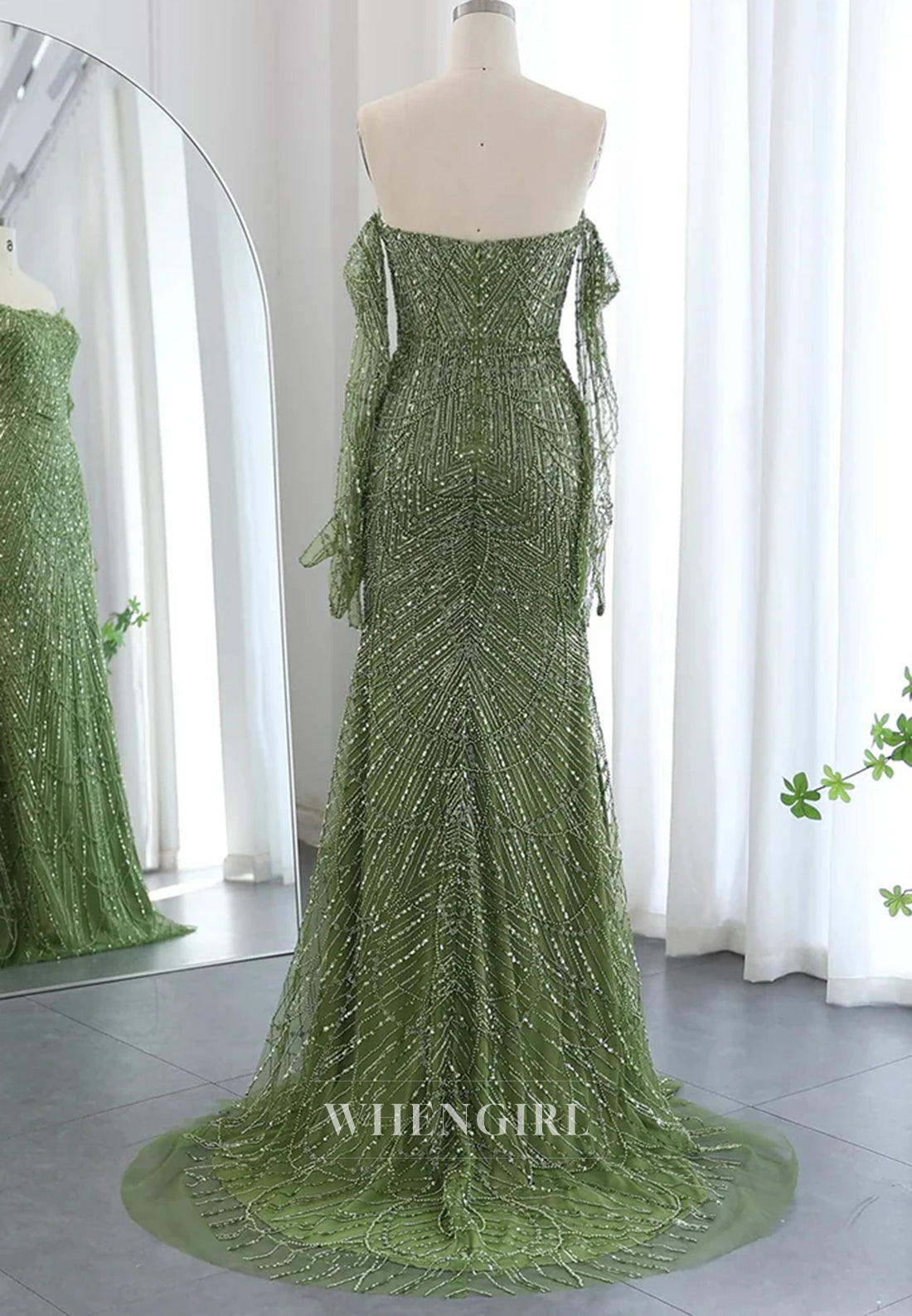 Sheath Beaded Off Shoulder Long Sleeves Sweep Train Back Zipper Evening Formal Dress