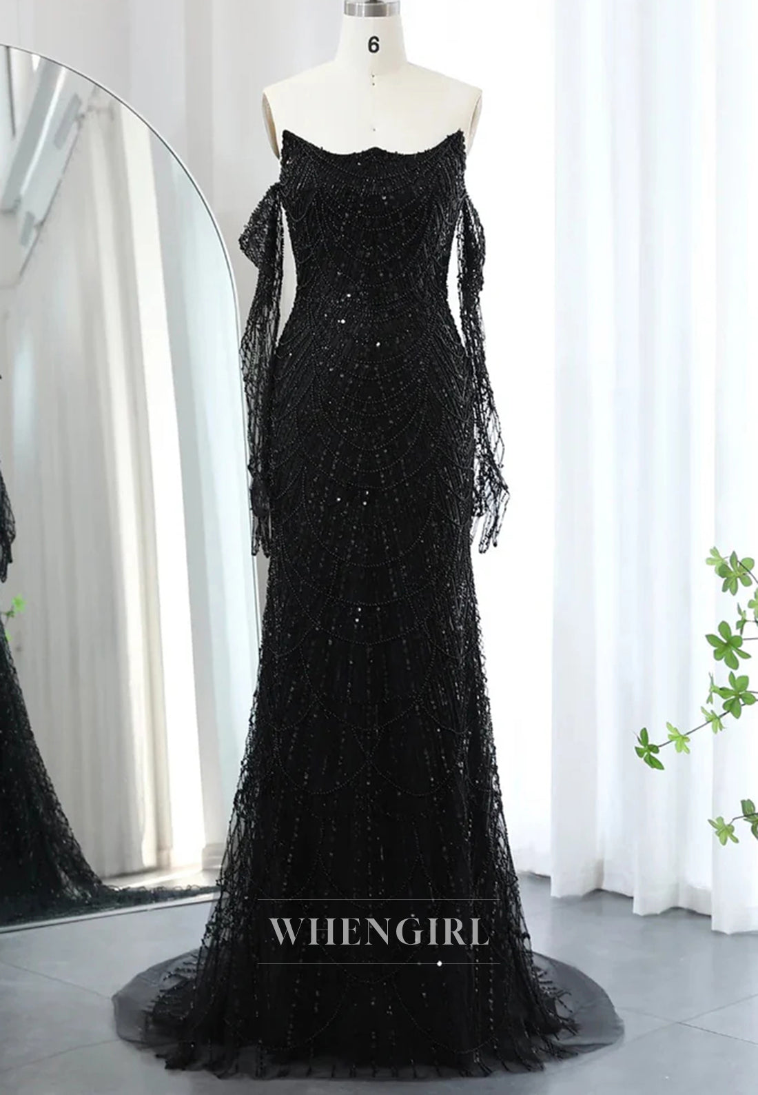 Sheath Beaded Off Shoulder Long Sleeves Sweep Train Back Zipper Evening Formal Dress