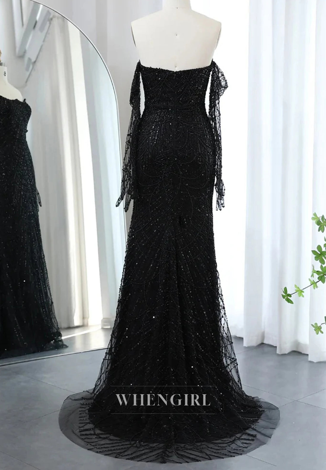 Sheath Beaded Off Shoulder Long Sleeves Sweep Train Back Zipper Evening Formal Dress