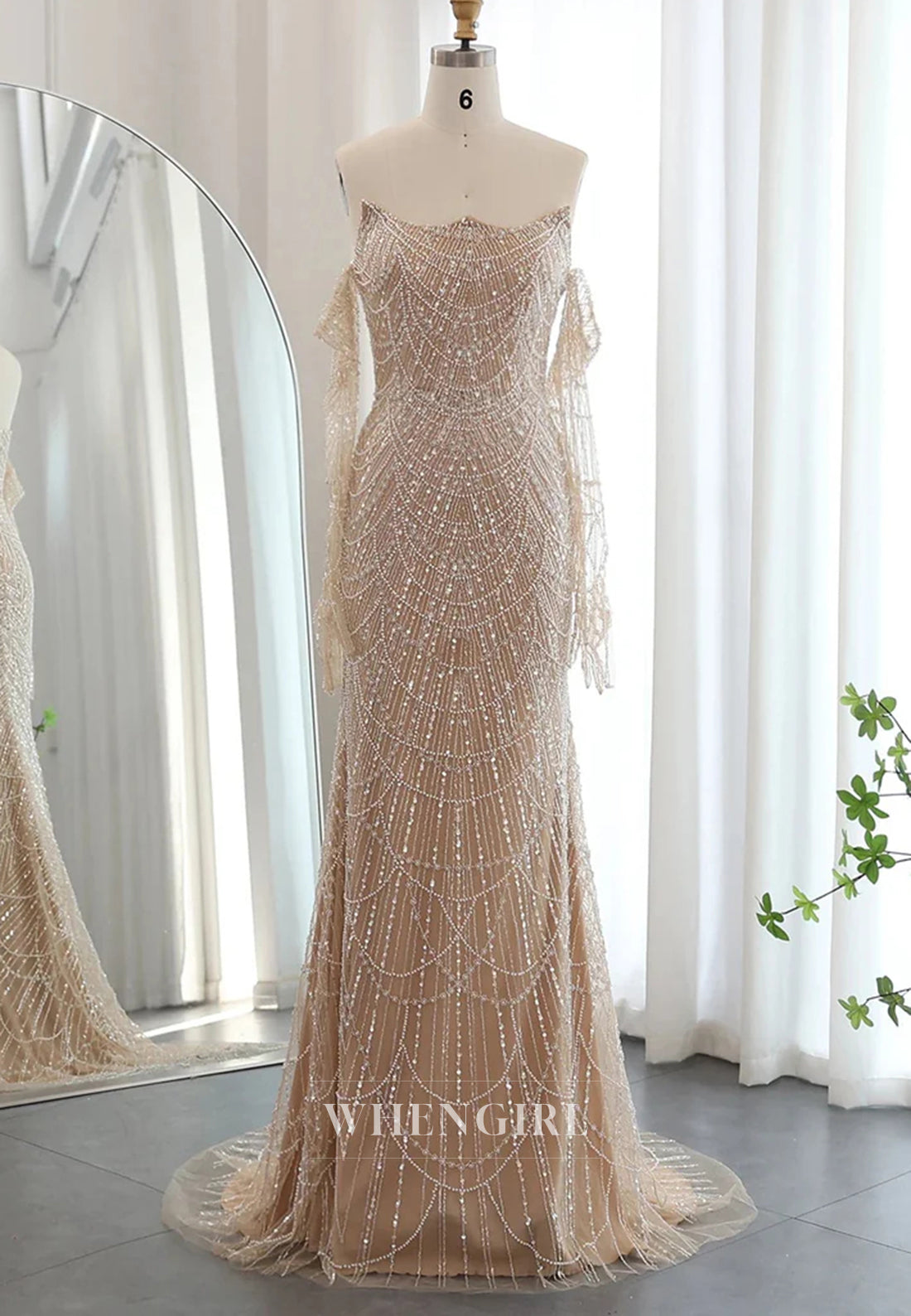 Sheath Beaded Off Shoulder Long Sleeves Sweep Train Back Zipper Evening Formal Dress
