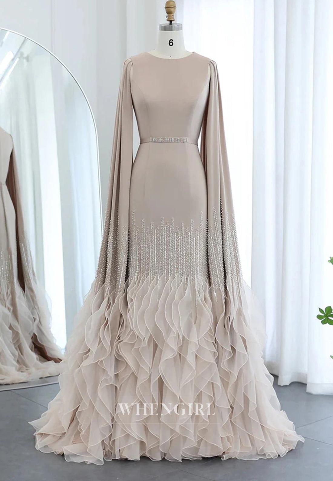 Sheath Bateau Neck Long Sleeves Beaded Ruffles Back Zipper Evening Formal Dress