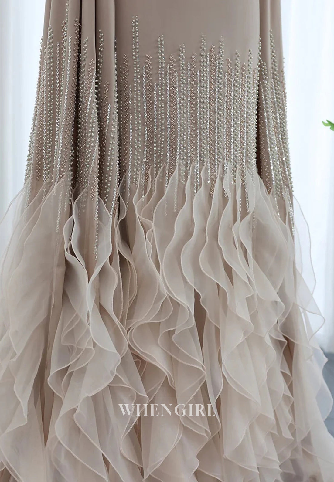 Sheath Bateau Neck Long Sleeves Beaded Ruffles Back Zipper Evening Formal Dress