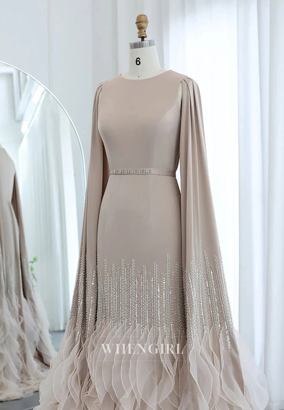 Sheath Bateau Neck Long Sleeves Beaded Ruffles Back Zipper Evening Formal Dress
