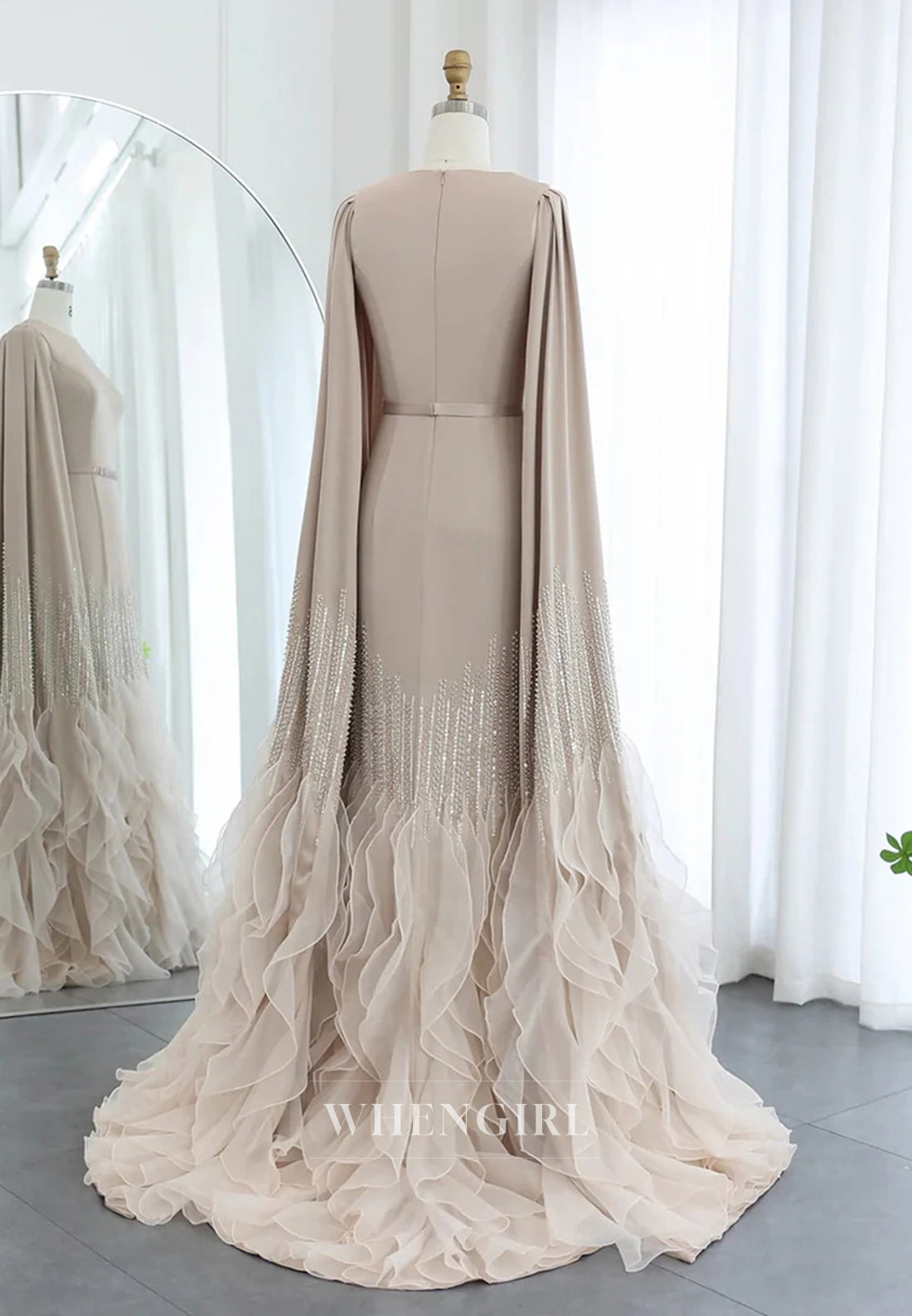 Sheath Bateau Neck Long Sleeves Beaded Ruffles Back Zipper Evening Formal Dress