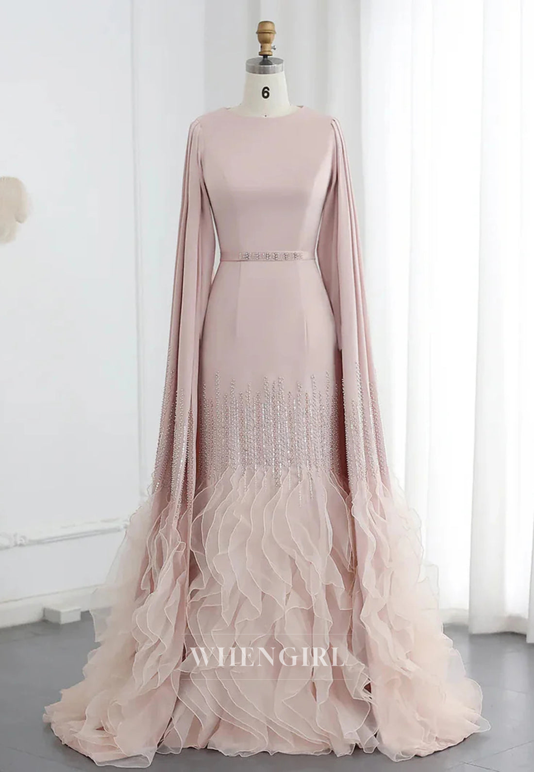 Sheath Bateau Neck Long Sleeves Beaded Ruffles Back Zipper Evening Formal Dress