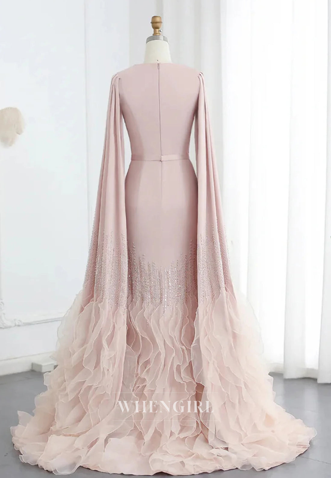 Sheath Bateau Neck Long Sleeves Beaded Ruffles Back Zipper Evening Formal Dress