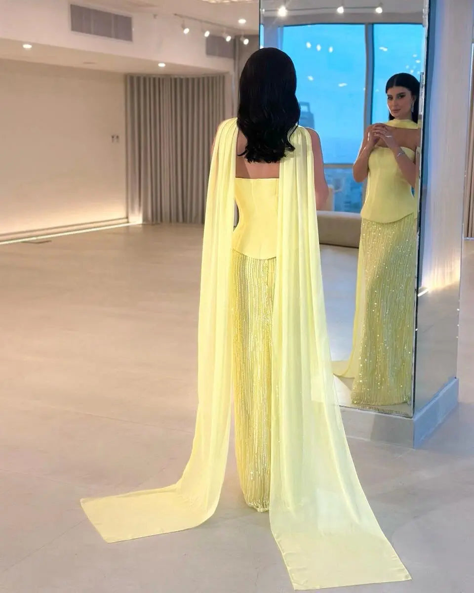 Elegant Yellow Strapless Sequin Evening Dress with Scarf