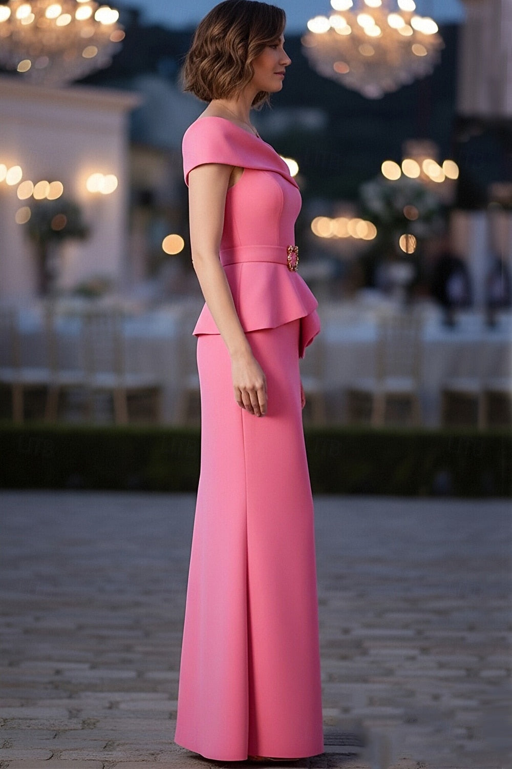 Pink Off Shoulder Back Zipper Column Mother of the Bride Dress