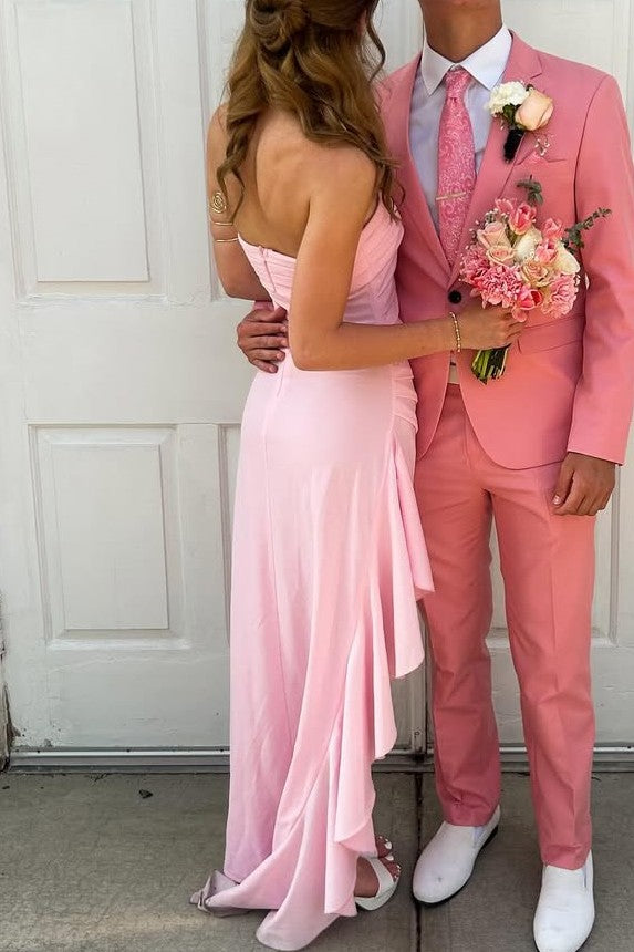 Pink Strapless Pleated Satin Side Slit Long Prom Party Dress