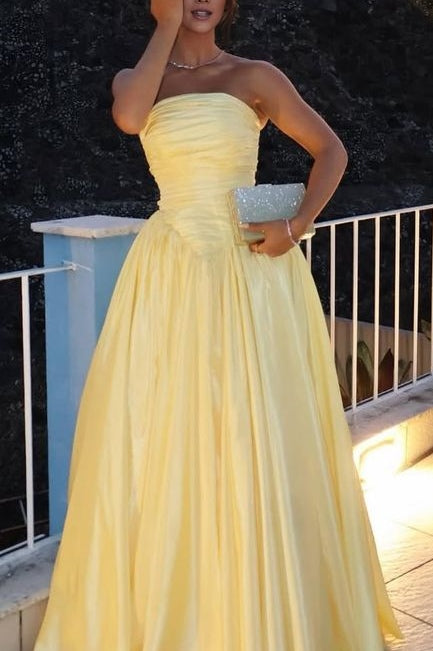 Yellow Strapless A-Line Empire-Waist Satin Pleated Evening Prom Dress