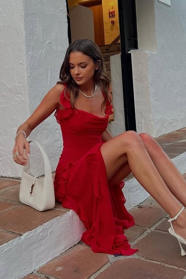 Classy Straps Ruffles High Slit Sleeveless Chiffon Formal Prom Dress