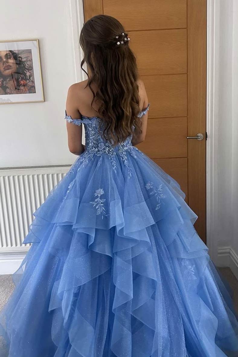 Off-Shoulder V-Neck Lace Appliques Ruffles Long Prom Gown