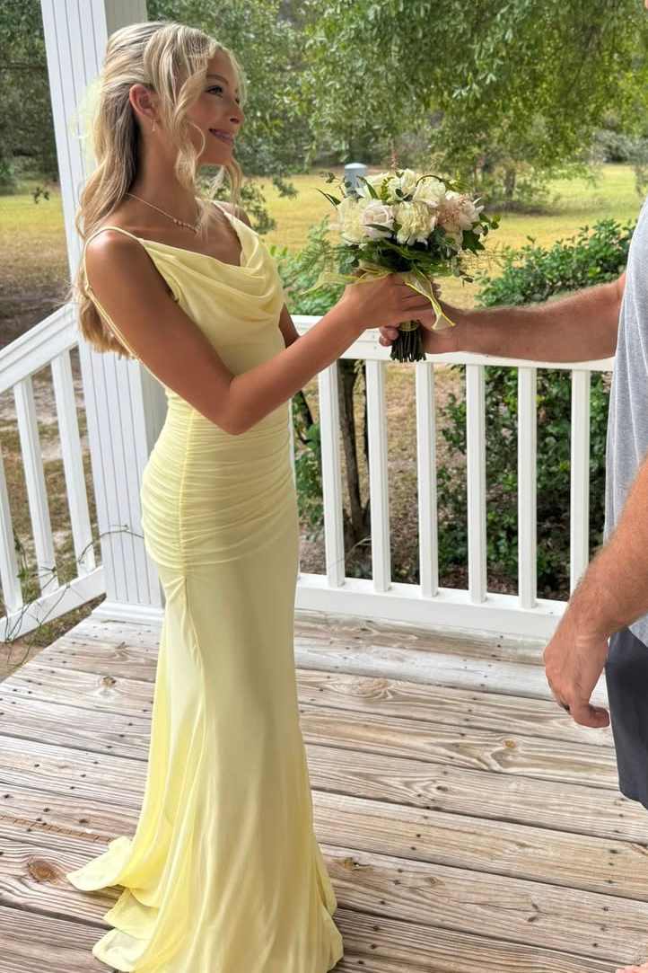 Yellow Spaghetti Straps Pleats Sleeveless Mermaid Long Prom Dress