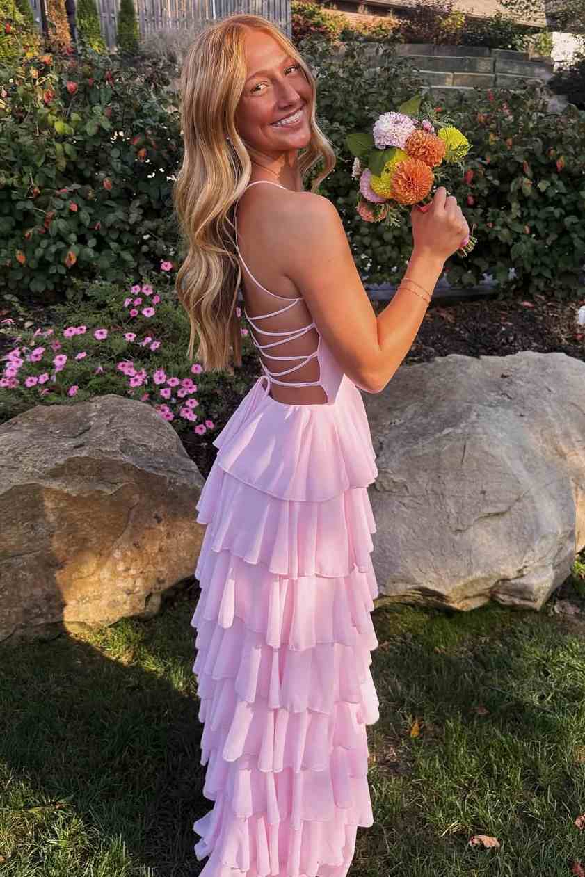 Pink Spaghetti Straps Ruffles Chiffon Long Prom Dress with Slit