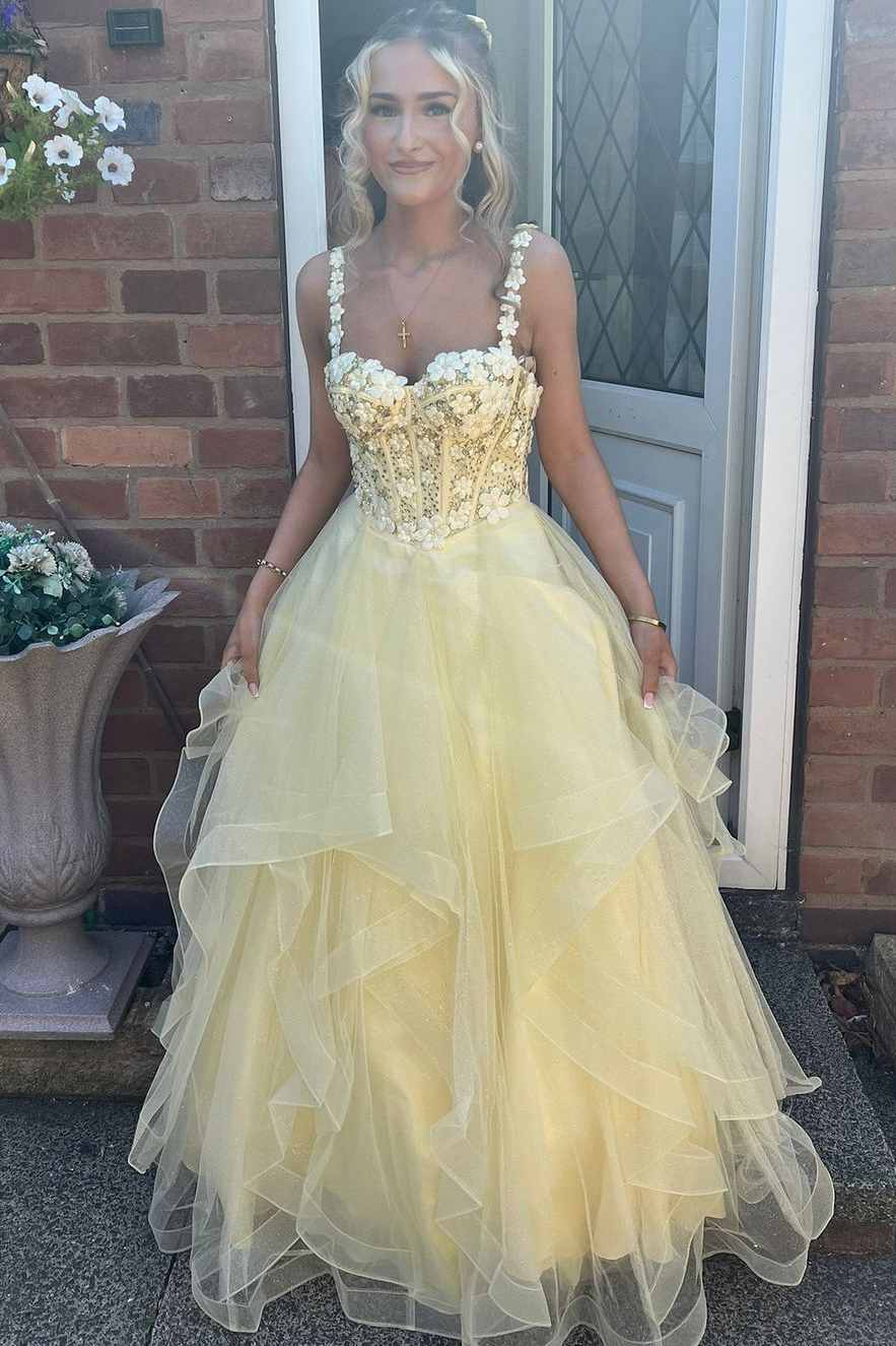 Yellow A-Line Straps Empire-Waist Sweetheart Ruffles Long Prom Dress