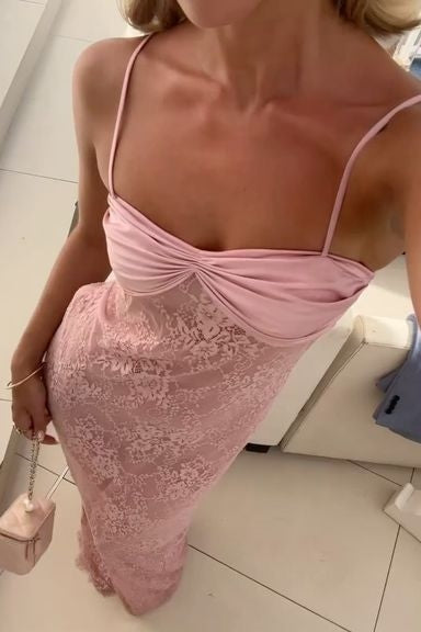 Pink Spaghetti Straps Lace Appliques Sleeveless Long Prom Dress