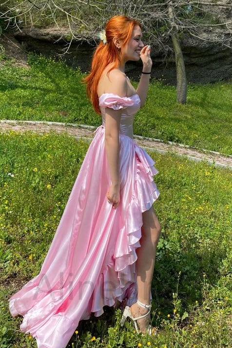 Pink Off-Shoulder Satin Ruffles Empire-Waist A-Line Long Prom Dress