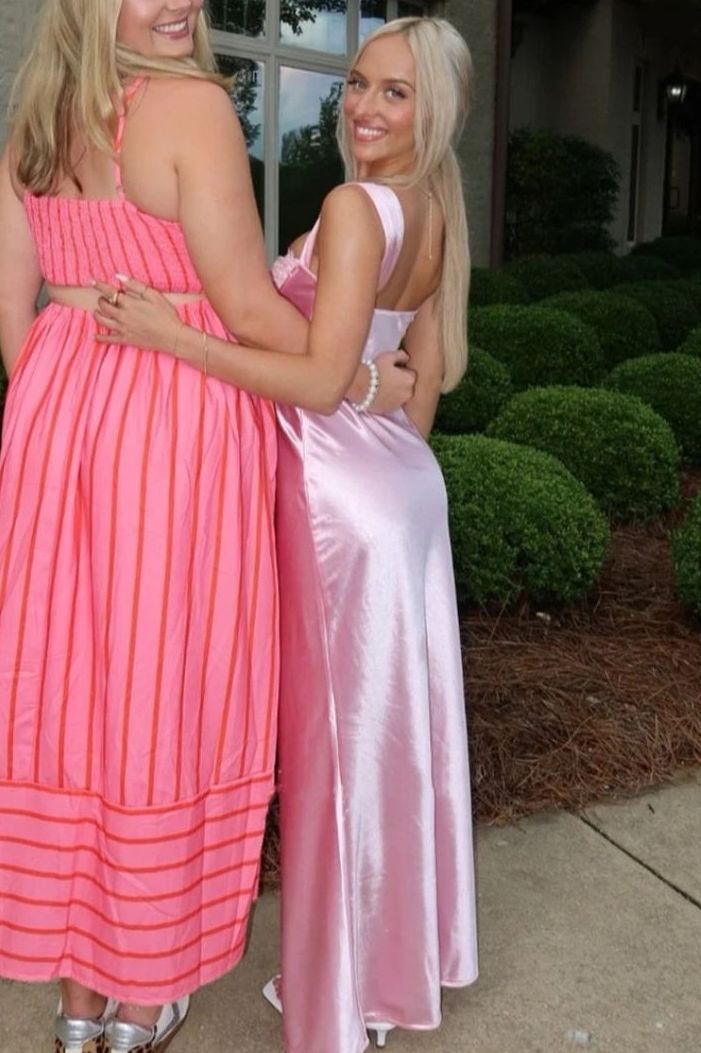 Chic Pink Double Straps Sleeveless Satin Long Prom Party Dress