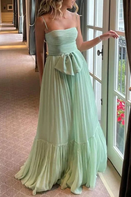 Green Spaghetti Straps Empire-Waist Tulle Sleeveless Long Prom Dress