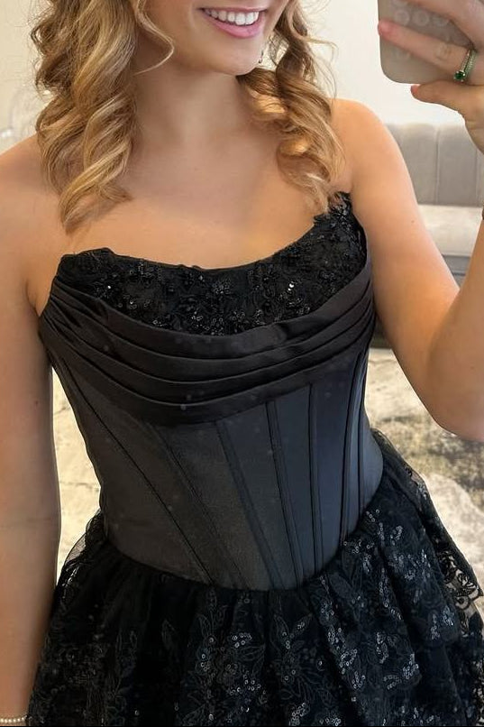 Strapless Empire-Waist Scoop Neck A-Line Sequins Appliques Prom Dress with Slit